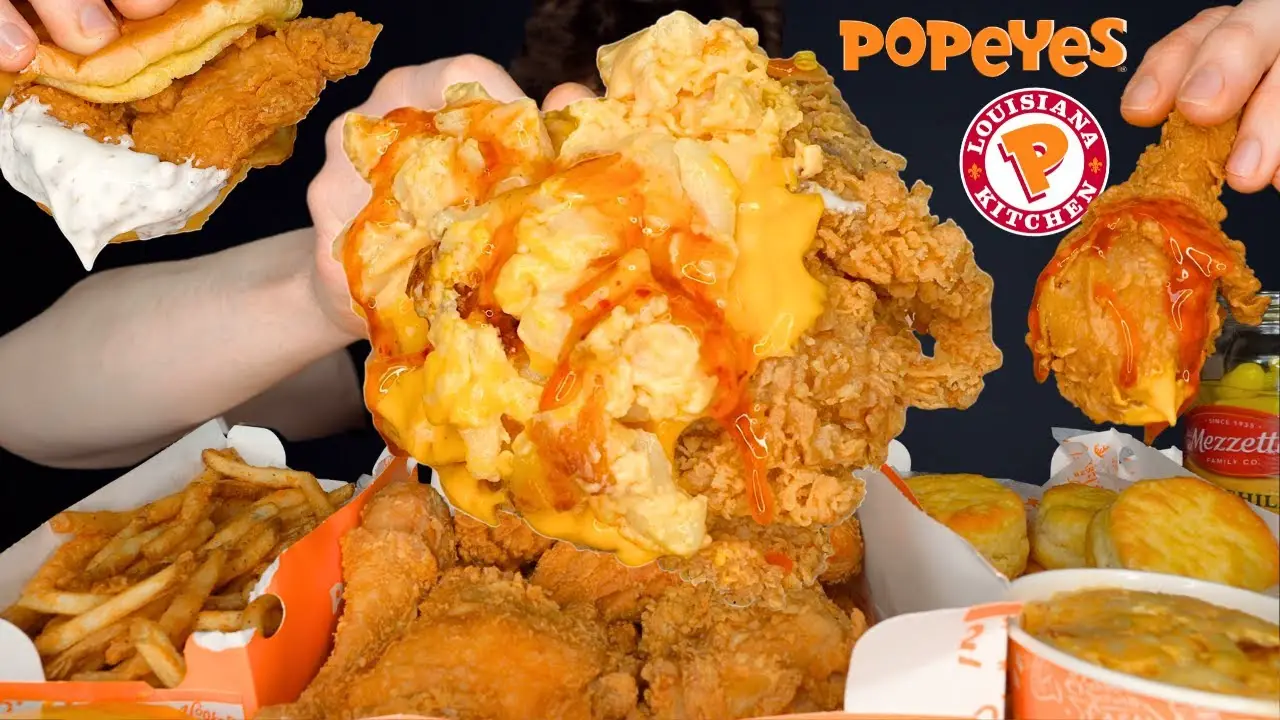 ASMR MUKBANG POPEYES FRIED CHICKEN, CHICKEN SANDWICH, MAC N CHEESE & FRIES | WITH CHEESE