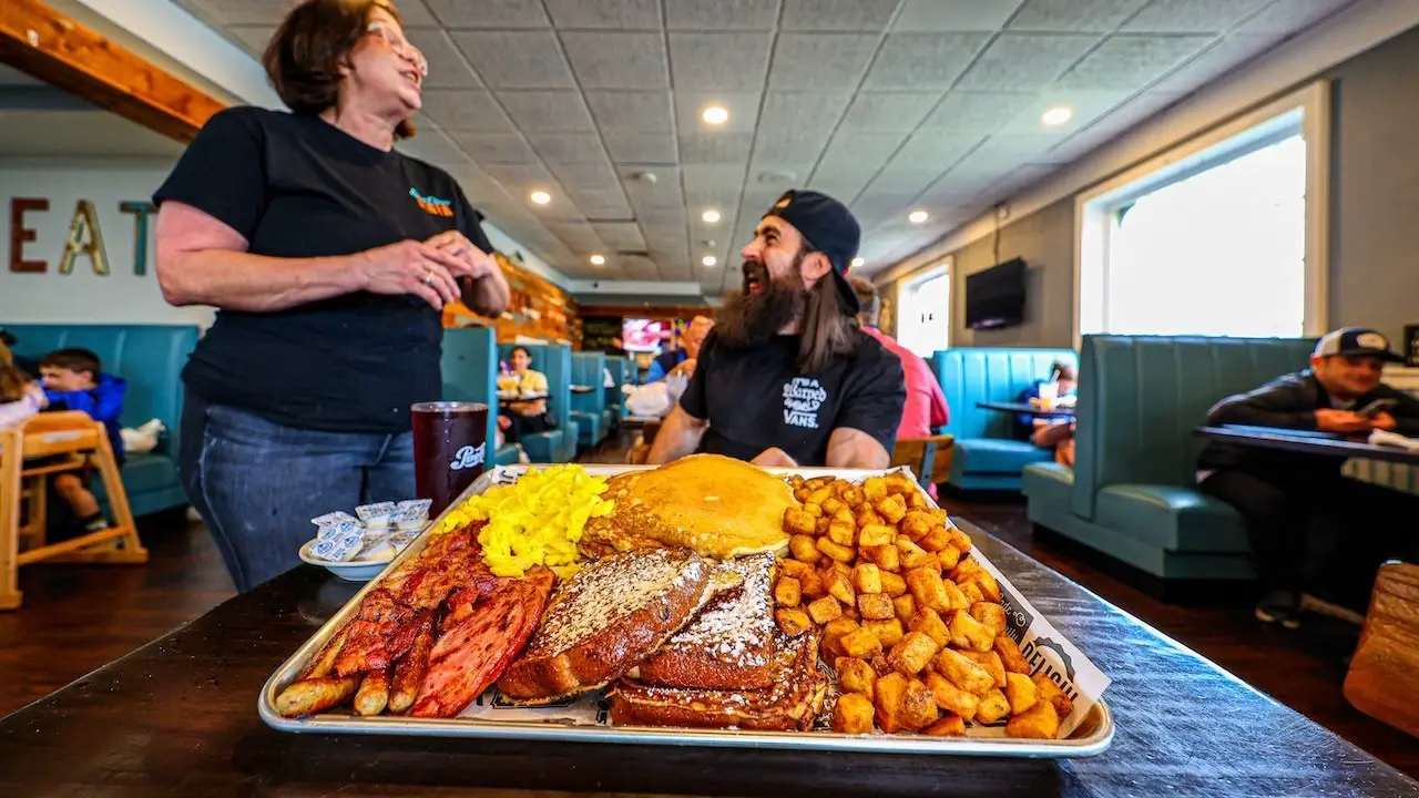 “HE’S NOT GONNA MAKE IT!”…ATTEMPTING A HUGE BREAKFAST CHALLENGE AT A BUSY NY DINER! | BeardMeatsFood